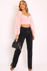 Pink Swiss Dot Frill Trim Crop Top - Mena