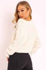 Cream Chunky Knit Button Up Crop Cardigan - Elly