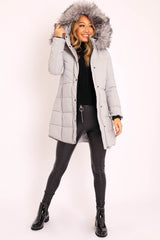 Grey Adjustable Back Long Puffer Coat - Maezie