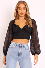 Black Swiss Dot Frill Trim Crop Top - Mena