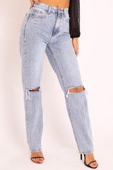 Mid Wash Denim Distressed Knee Extra Long Jeans - Ivelisse