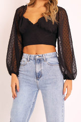 Black Swiss Dot Frill Trim Crop Top - Mena