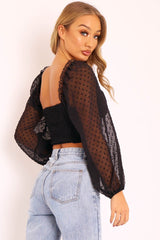 Black Swiss Dot Frill Trim Crop Top - Mena