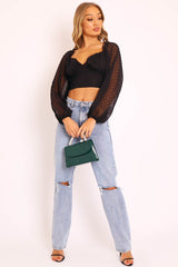 Black Swiss Dot Frill Trim Crop Top - Mena