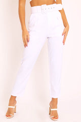 White Belted Tapered Peg Trousers - Jessika