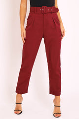 Wine Belted Tapered Peg Trousers - Jessika