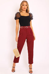 Wine Belted Tapered Peg Trousers - Jessika