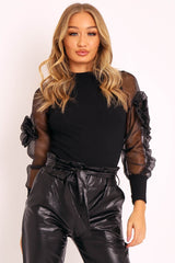 Black Ruched Detailed Puff Sleeves Ribbed Top - Taliya