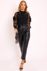 Black Faux Leather Paper Bag Belted Tapered Trousers - Lucia