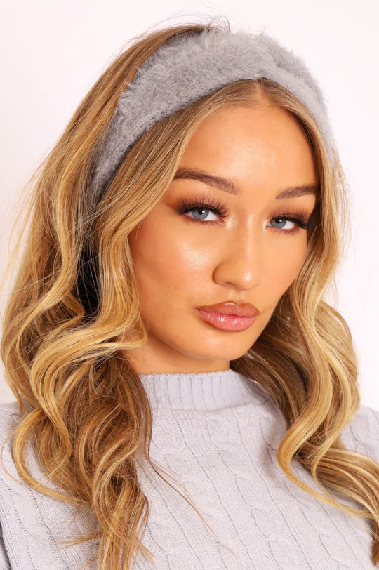 Grey Fluffy Knotted Front Headband - Candy
