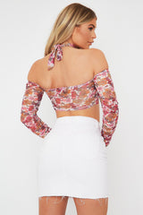 White Floral Ruched Sleeve Crop Top - Deeba
