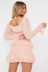 Pink Floral Print Lace Up Crop Top & Shirred Skirt Set - Adelei
