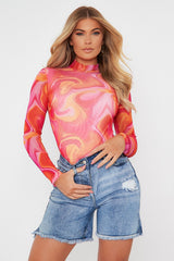 Hot Pink Abstract Print High Neck Bodysuit - Verity