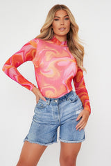 Hot Pink Abstract Print High Neck Bodysuit - Verity