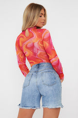Hot Pink Abstract Print High Neck Bodysuit - Verity
