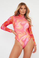Hot Pink Abstract Print High Neck Bodysuit - Verity