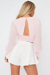 Pink Shirred Waist Long Sleeve Top - Ima