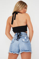 Black Ribbed Halter Neck Tie Detail Crop Top - Rubi