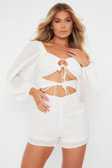 White Front Cut Out Long Sleeve Playsuit - Cami