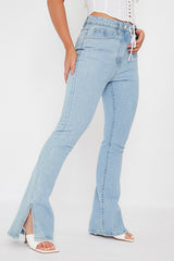 Light Blue Split Hem Flare Jeans - Ivara