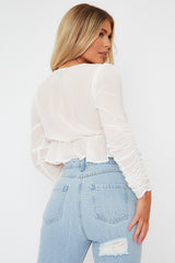 White Ruched Sleeve Peplum Top - Hawi