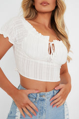 White Tie Front Short Sleeve Crop Top - Denni