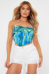Blue Marble Print Tie Back Bandana Crop Top - Toka