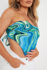 Blue Marble Print Tie Back Bandana Crop Top - Toka