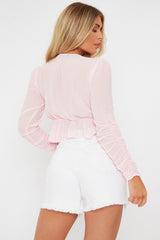 Pink Ruched Sleeve Peplum Top - Hawi
