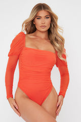 Orange Ruched Body Mesh Sleeve Bodysuit - Raeya