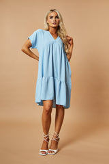 Blue V-Neck Tiered Frill Mini Dress - Kate