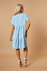 Blue V-Neck Tiered Frill Mini Dress - Kate