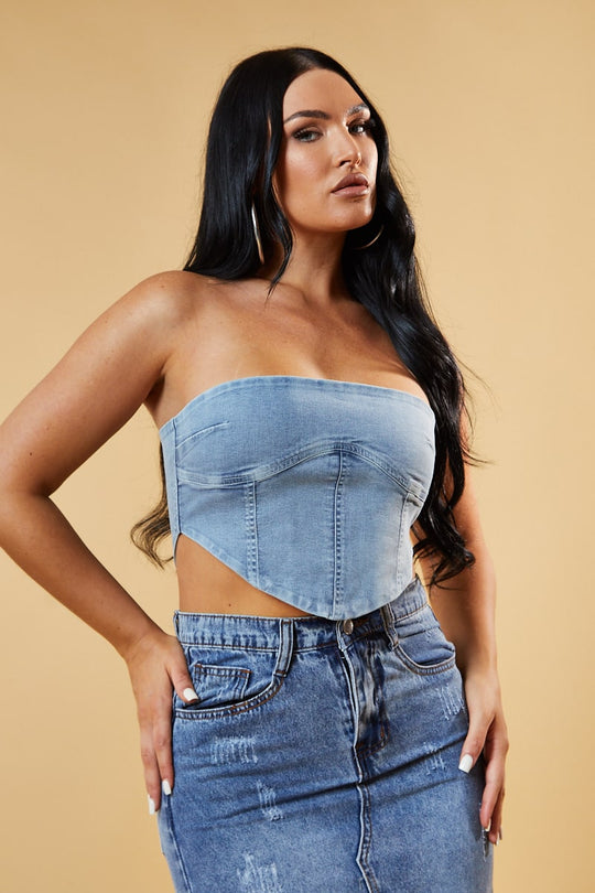 Light Blue Denim Bandeau Corset Detail Cropped Top - Sanvi