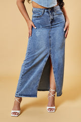 Mid Blue Front Slit Denim Maxi Skirt - Asami