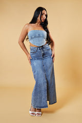 Mid Blue Front Slit Denim Maxi Skirt - Asami