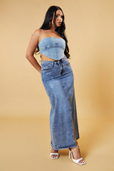 Light Blue Denim Bandeau Corset Detail Cropped Top - Sanvi