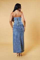 Mid Blue Front Slit Denim Maxi Skirt - Asami