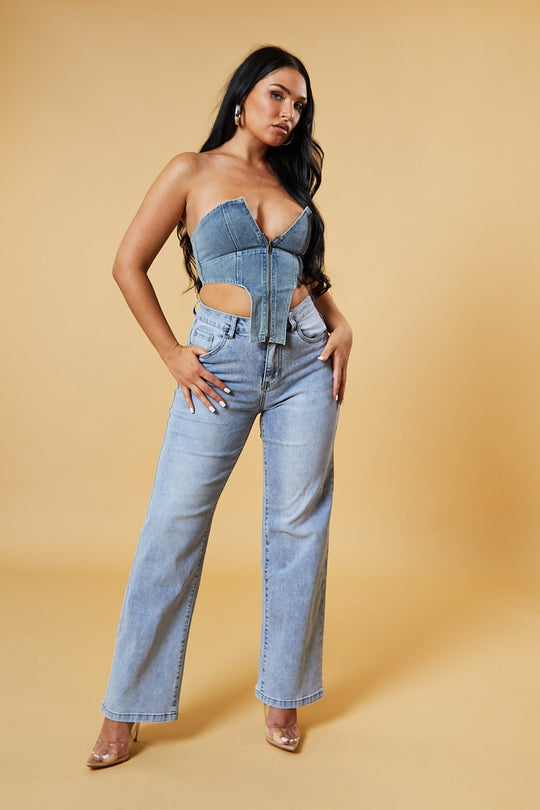 Light Blue Denim Zip Front Corset Cropped Top - Dina
