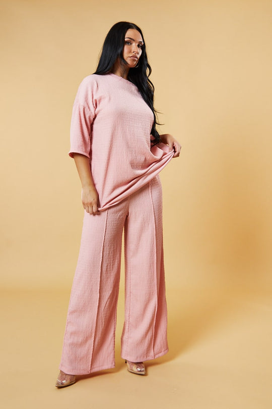 Pink Textured Knit Trousers & Oversized Top Co-ord Set - Cecelia