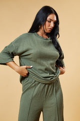 Khaki Textured Knit Trousers & Oversized Top Co-ord Set - Cecelia
