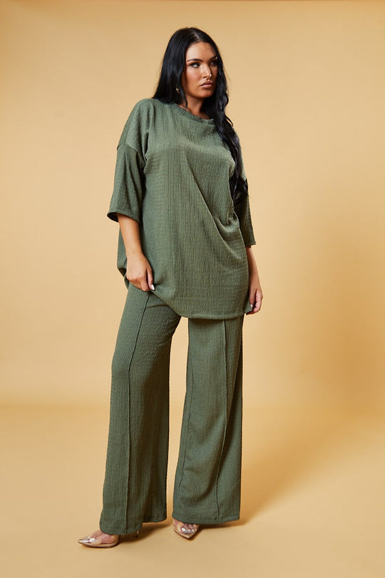Khaki Textured Knit Trousers & Oversized Top Co-ord Set - Cecelia