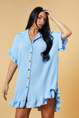 Blue Pleat Detail Frill Sleeve Oversized Dress - Sana