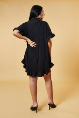Black Pleat Detail Frill Sleeve Oversized Dress - Sana