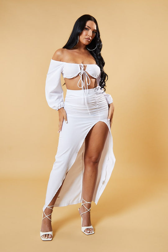 White Bardot Cropped Top & Front Slit Skirt Co-ord Set - Vanika