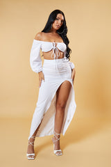 White Bardot Cropped Top & Front Slit Skirt Co-ord Set - Vanika