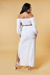 White Bardot Cropped Top & Front Slit Skirt Co-ord Set - Vanika