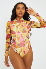 Yellow Geometric Pattern Mesh Bodysuit - Bee