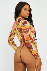 Yellow Geometric Pattern Mesh Bodysuit - Bee