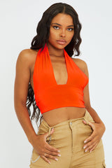 Neon Orange Halter Neck Slinky Crop Top - Jessabel