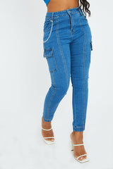 Blue Denim Look Chain Detail Stretch Cargo Trousers - Nellie